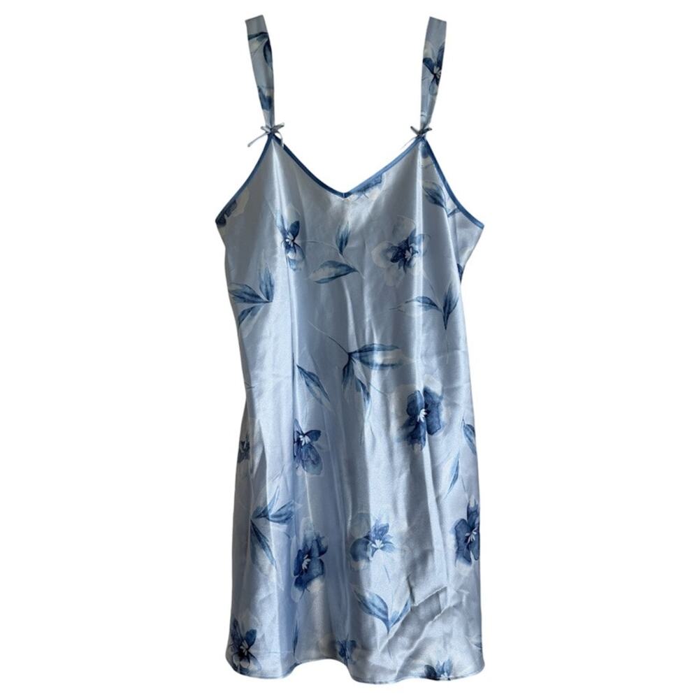 Vintage 90s Morgan Taylor Intimates Blue Floral Silky Lingerie Dress Size Medium
